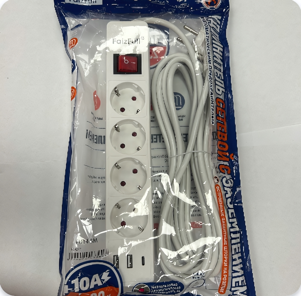 Фильтр сетевой FaizFull FU14, 240V/10A 4 розетки, Type-C+2xUSB, 3м White