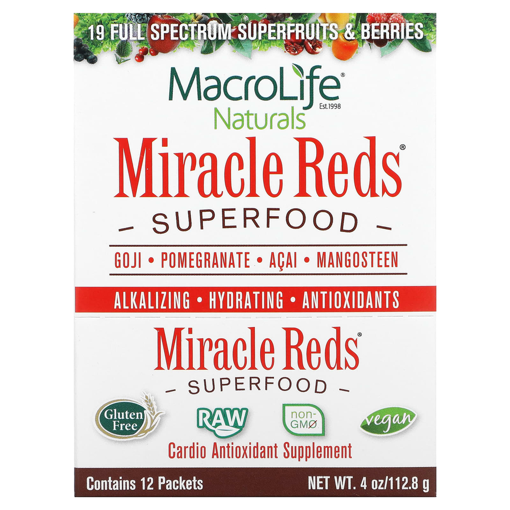 Macrolife Naturals, Miracle Reds®, суперфуд, годжи, гранат, асаи и мангостан, 12 пакетиков по 9,5 г (0,3 унции)
