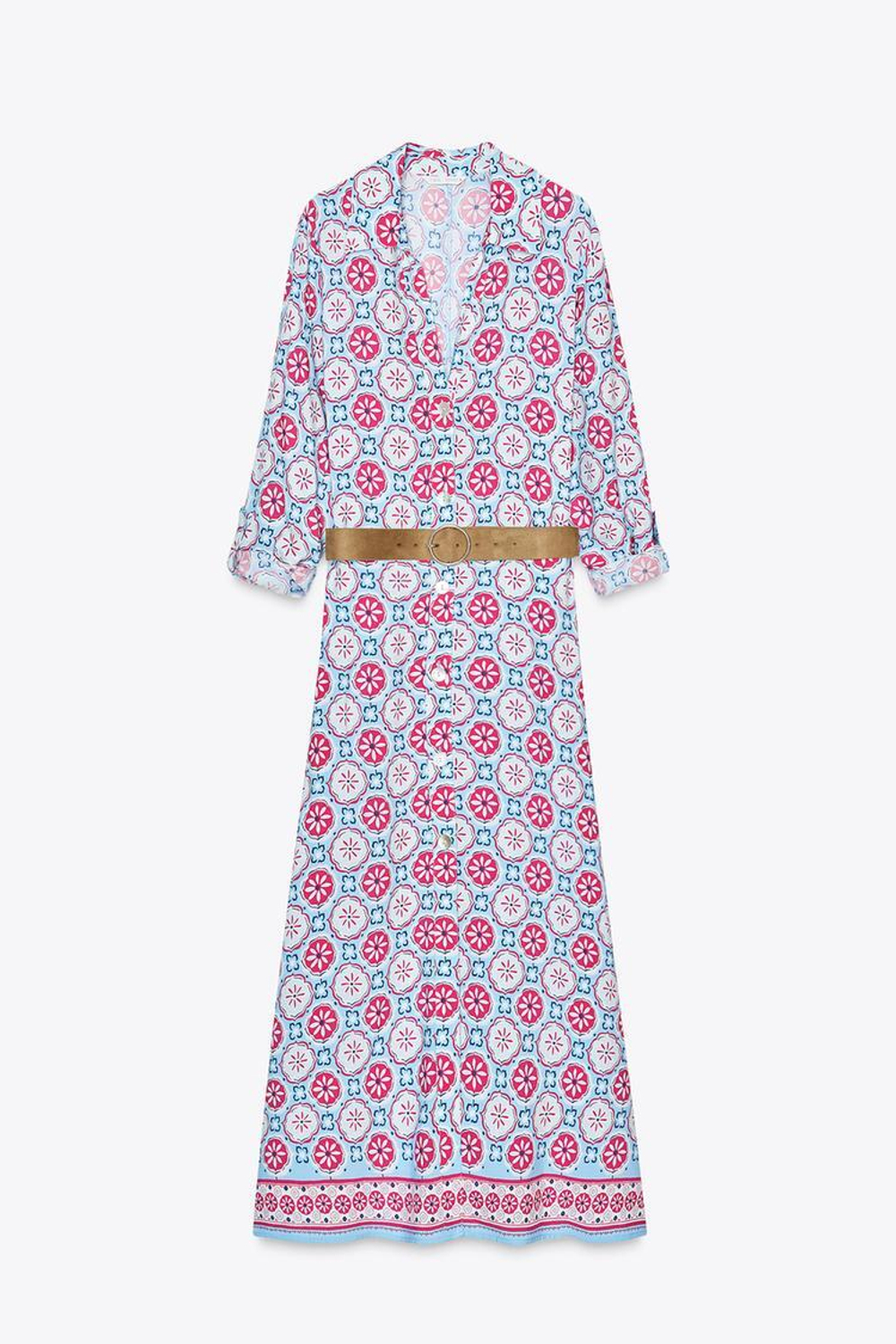 ZARA ПЛАТЬЕ МИДИ С ПРИНТОМ И ПОЯСОМ, РАЗНОЦВЕТНЫЙ