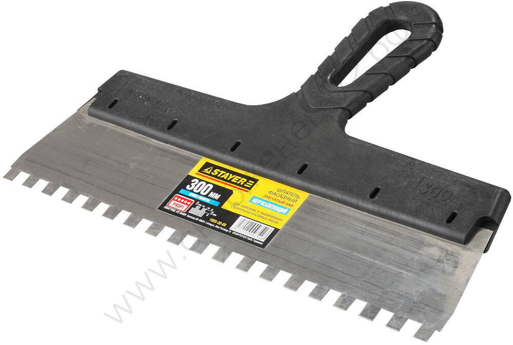 STAYER ProFLat 300 мм, зуб 8х8 мм, пластиковая ручка, зубчатый, нержавеющий, Фасадный шпатель, PROFESSIONAL (1009-30-08)