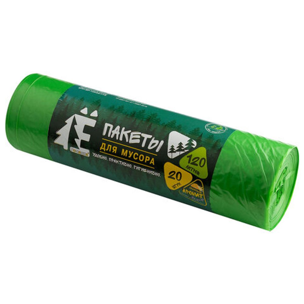 Мешки для раздельного сбора мусора 120 л, зеленые, в рулоне 20 шт., ПВД 20 мкм, 70х110 см, РОМАШКА, ЕЛР-ВР-120З
