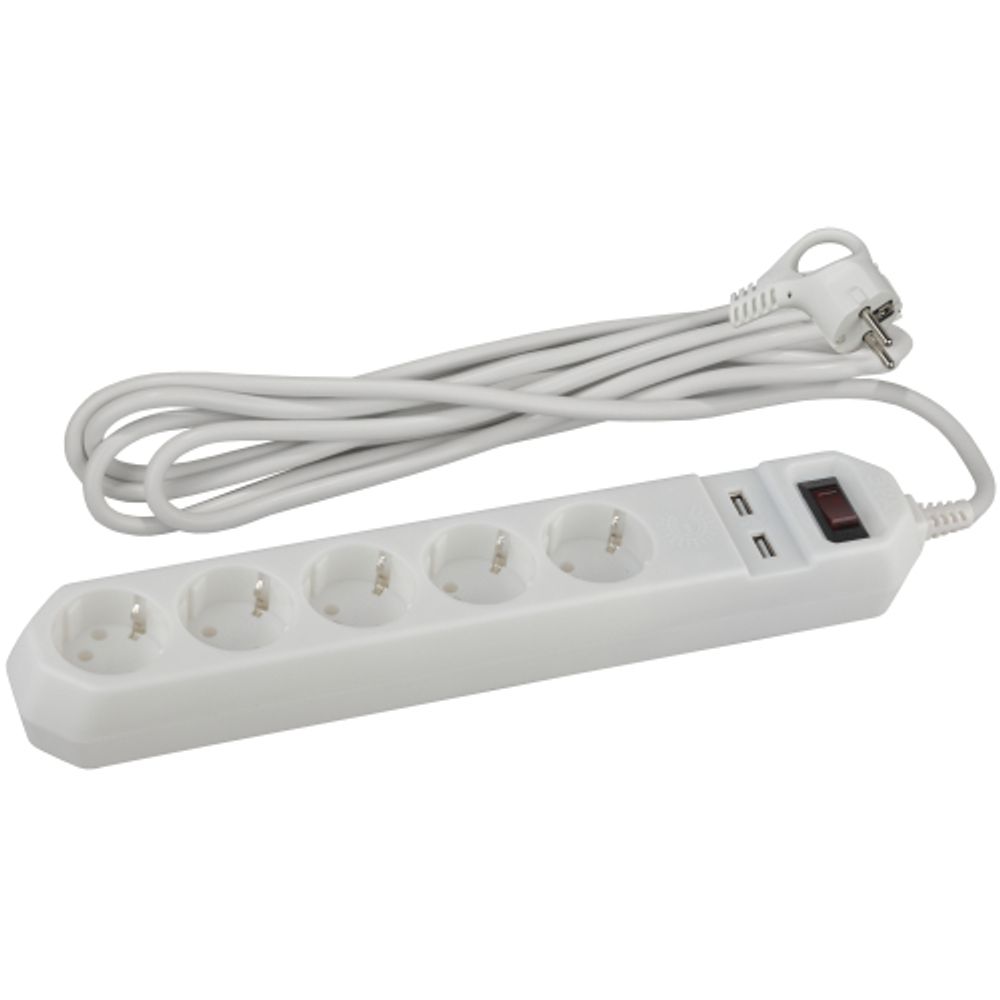Сетевой фильтр ЭРА USF-5es-1.5m-USB-W с базовой защитой с заземлением с выключателем 5 розеток 1,5м 2хUSB 10А белый