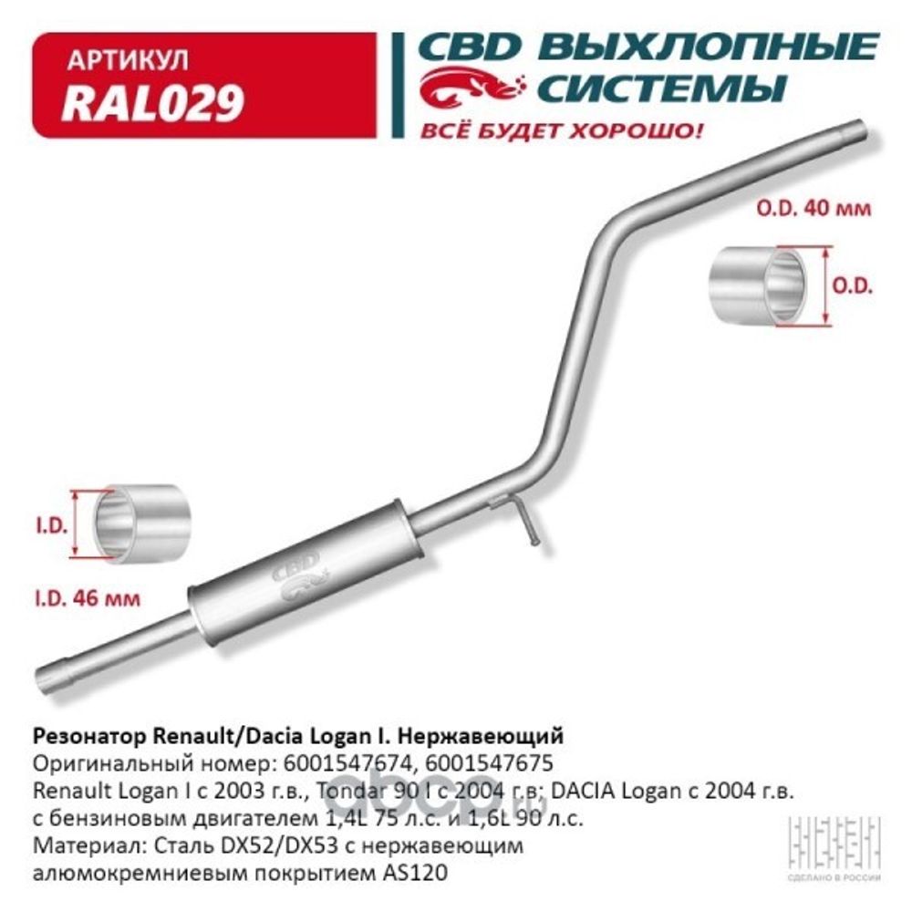 Резонатор Renault Logan Largus Sandero 8 кл нерж. (CBD)