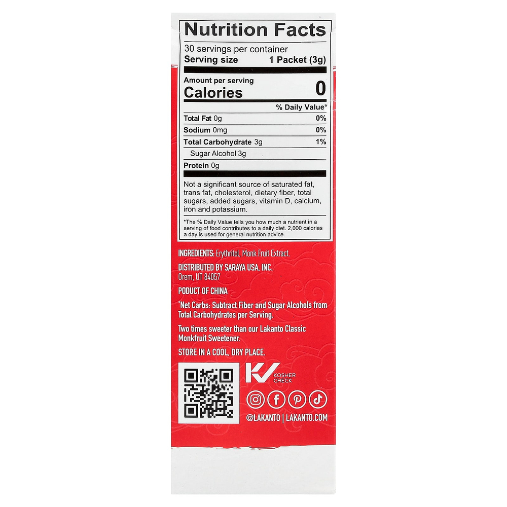 Lakanto, подсластитель из архата с эритритолом, классический, 30 пакетиков, 90 г (3,17 унции)