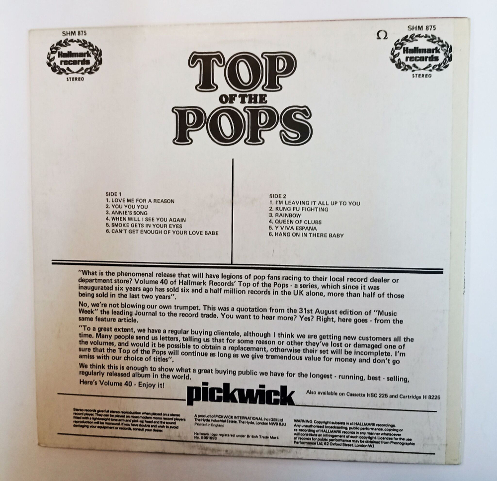 Винтажная виниловая пластинка LP Сборник Top Of The Pops Vol. 40 (UK 1974)