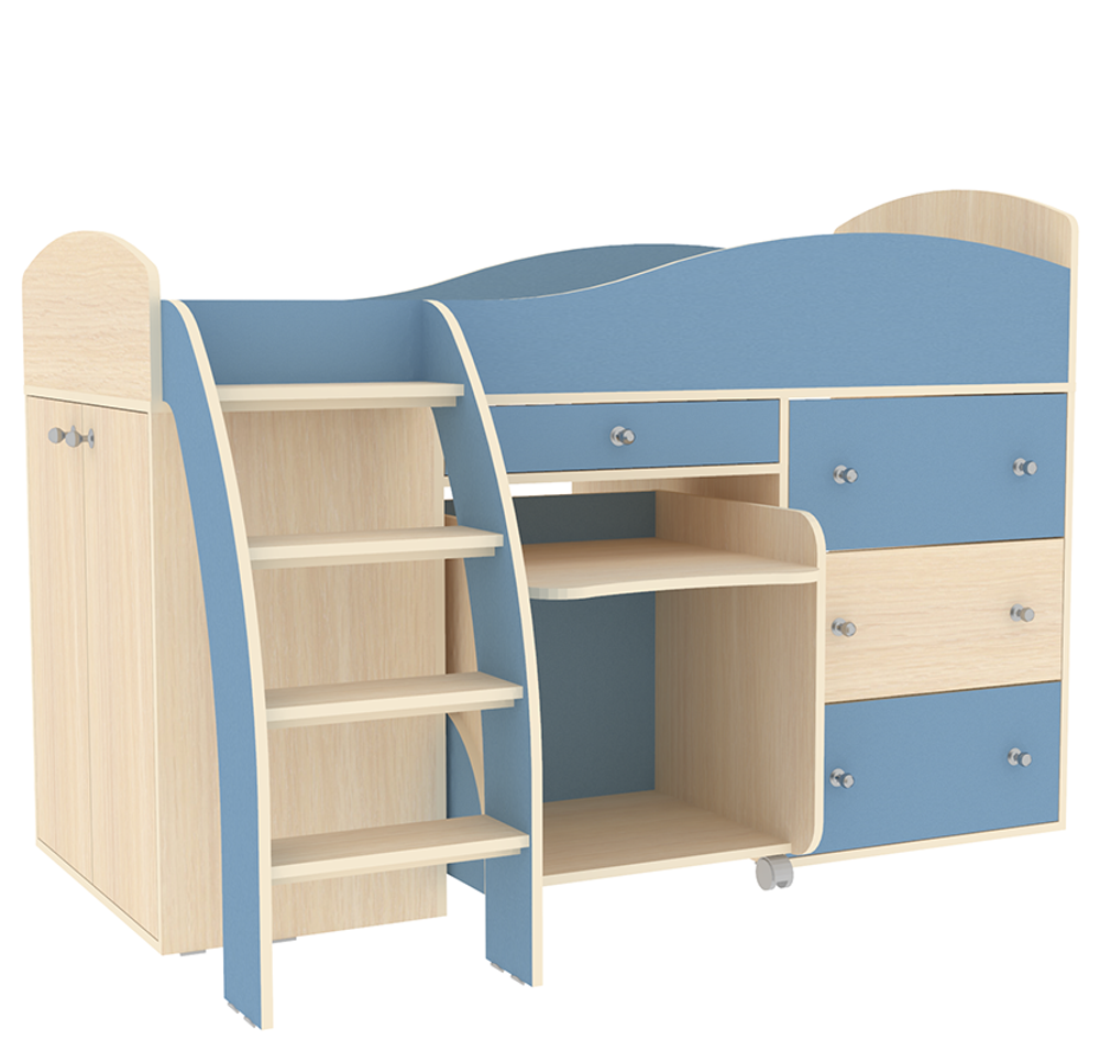 Кровать-чердак КарИВи Малыш 2  Дуб Молочный Светло-синий, голубой