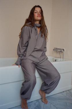 ZARA ШИРОКИЕ БРЮКИ В ПОЛОСКУ С ПОЯСОМ, СЕРЫЙ