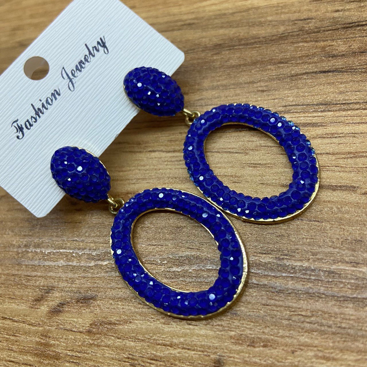 Серьги-гвоздики овал выпуклый овал контур эмаль стразы синие металл золотистый