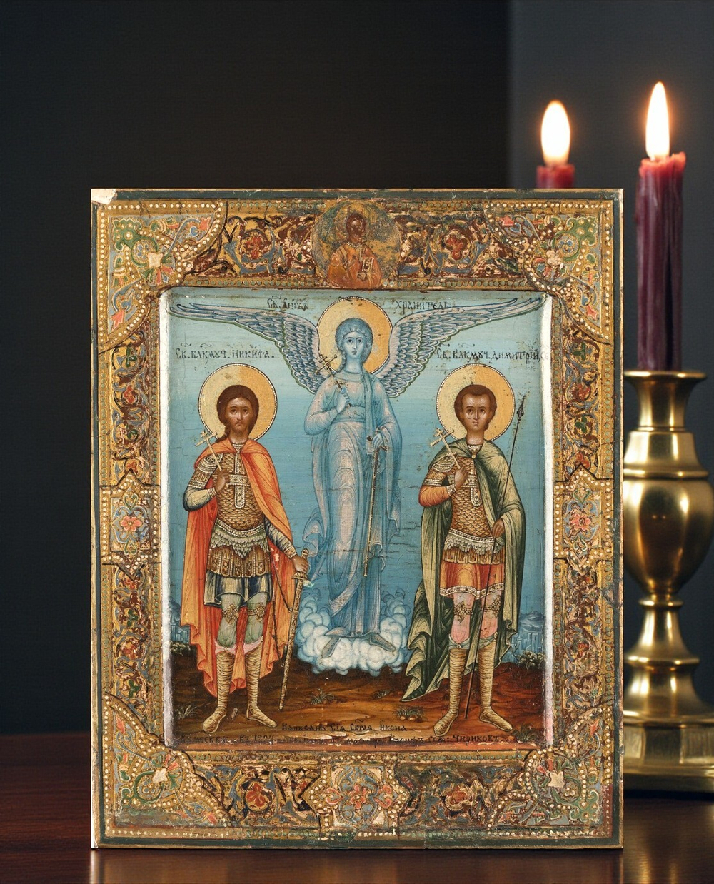 Никита и Дмитрий святые воины великомученики с Ангелом Хранителем. Деревянная икона на левкасе