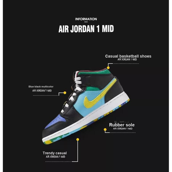 Jordan Air Jordan 1 Детские баскетбольные кроссовки MID Топ Черный Унисекс