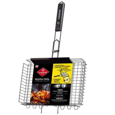 Решетка барбекю 380х260 мм, Forester, нержавеющая сталь, антипригарное покрытие, рукоятка дерево, объемная, BQ-NS03
