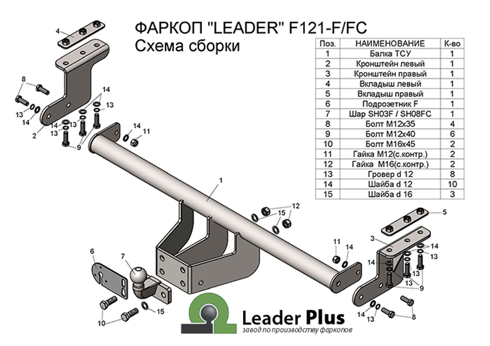 Фаркоп(прицепное) Лидер-Плюс для FORD RANGER 3 (Limited, Wildtrak) 2011-...(паспорт и сертификат в комплекте)(без электрики)F121-FC
