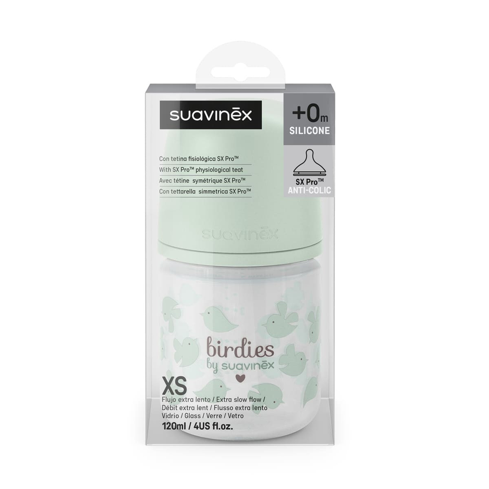 Стеклянная бутылочка для кормления Suavinex Birdies 120 мл, 0+ мес, зеленая