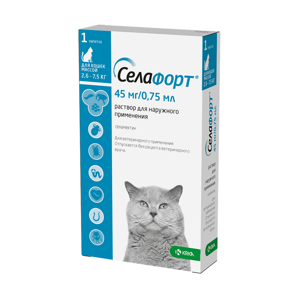 СЕЛАФОРТ Капли от блох, ушных клещей и гельминтов для кошек массой 2,6-7,5 кг