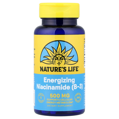Nature's Life, никотинамид для заряда энергии (витамин B3), 500 мг, 100 таблеток
