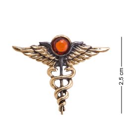 AM-3835 Брошь «Кадуцей» (латунь, янтарь)