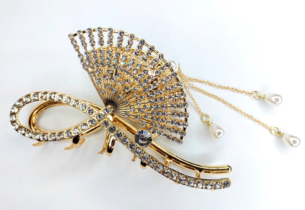 Заколка -краб  для волос "Веер" инкрустированный стразами. Металл Усиленная. Цвет золото