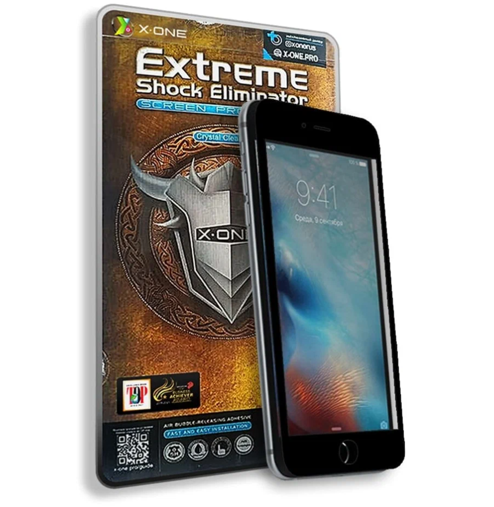 Защитная противоударная бронепленка для iPhone 6+/6S+ X-ONE Extreme Shock Eliminator Coverage 3-го поколения на экран с черной рамкой
