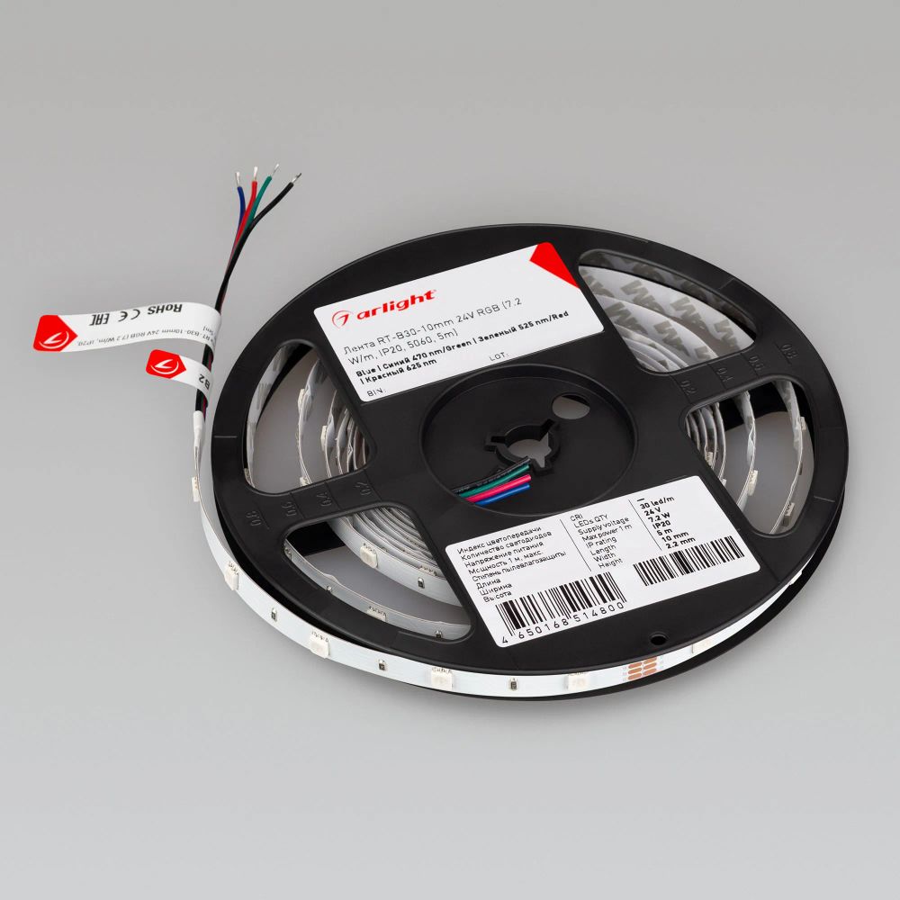 Светодиодная лента RT-B30-10mm 24V RGB (7.2 W/m, IP20, 5060, 5m) (Arlight, Открытый) 022066(2)