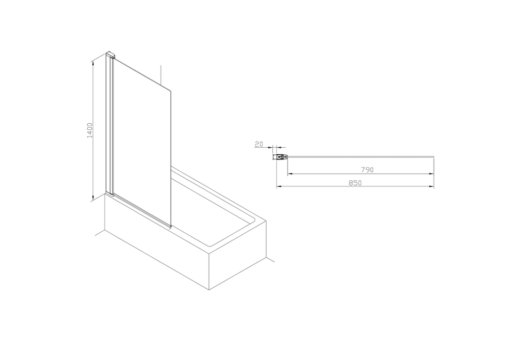 Шторка для ванны распашная Roca Capital 850x1400, прозрачное стекло, xром M4008512M