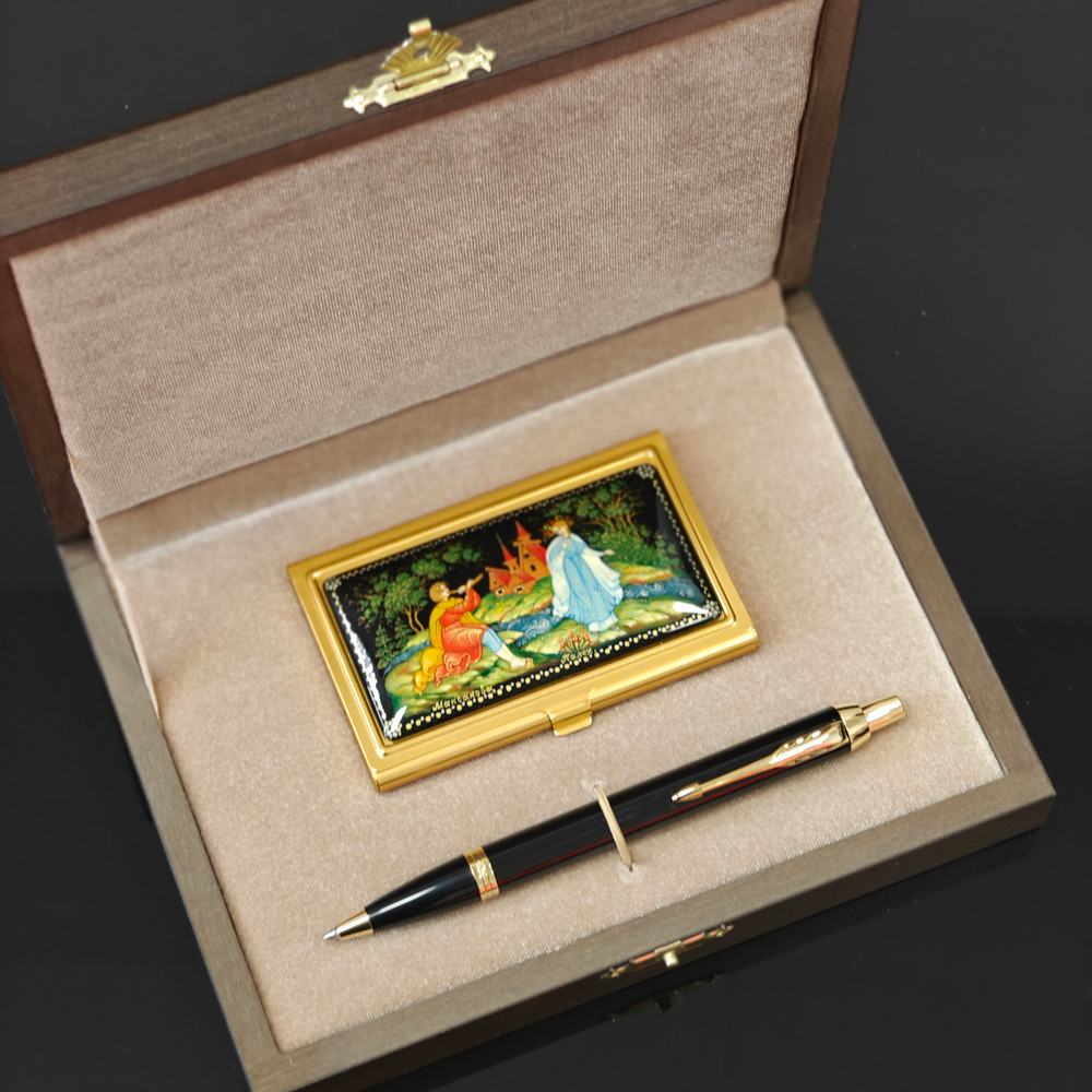 Набор "Пастушок" визитница персональная с ручной росписью и ручка Parker
