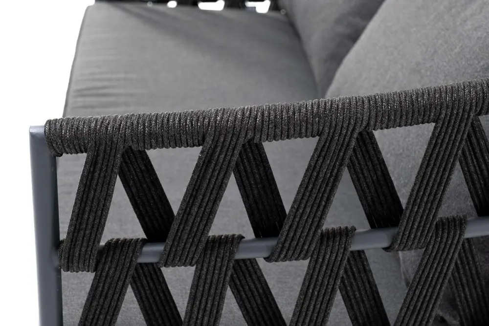 "Диего" диван 2-местный плетеный из роупа, каркас алюминий темно-серый (RAL7024) муар, роуп темно-серый круглый, ткань темно-серая 027