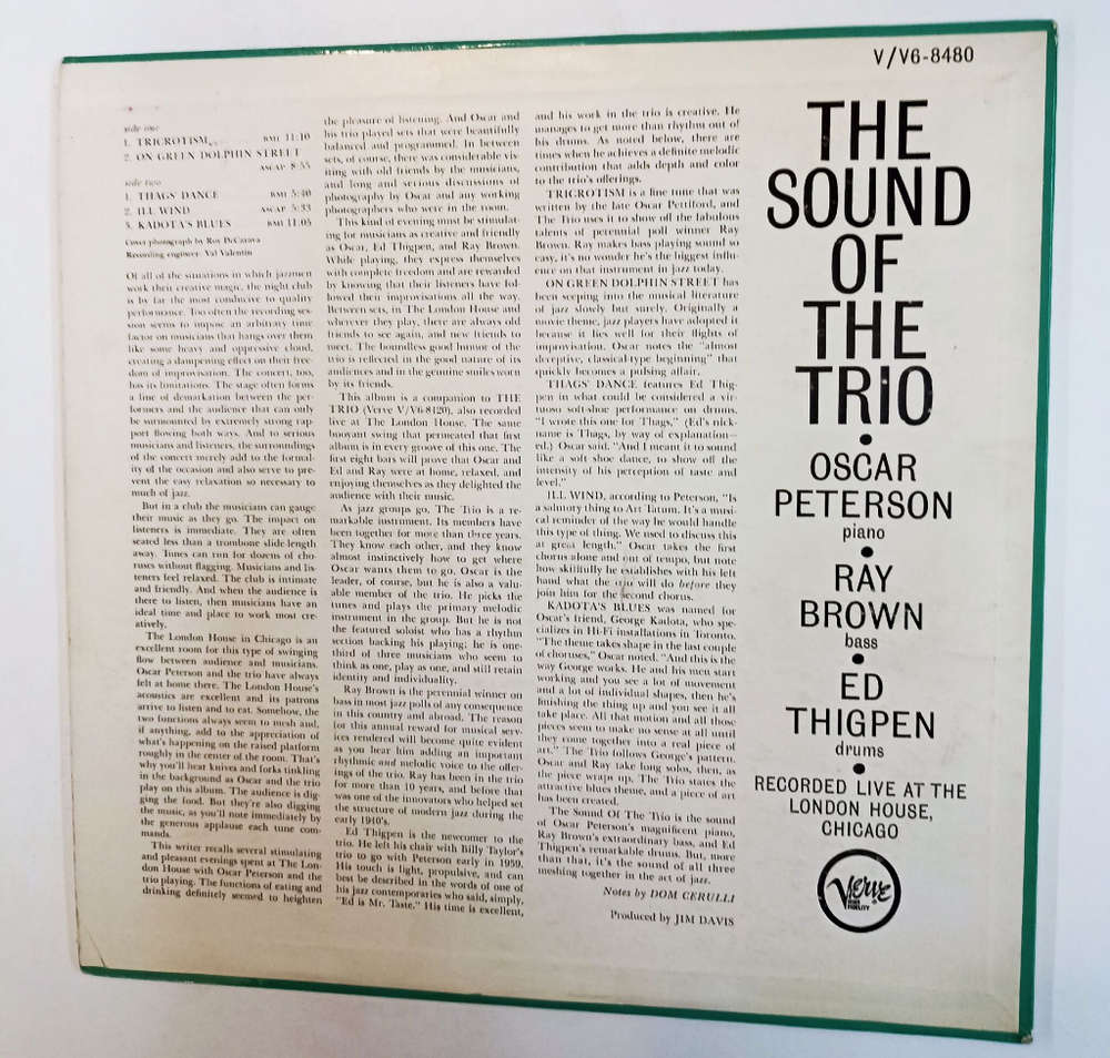 Винтажная виниловая пластинка LP Oscar Peterson, Ray Brown, Ed Thigpen The Sound Of The Trio (USA 1962)