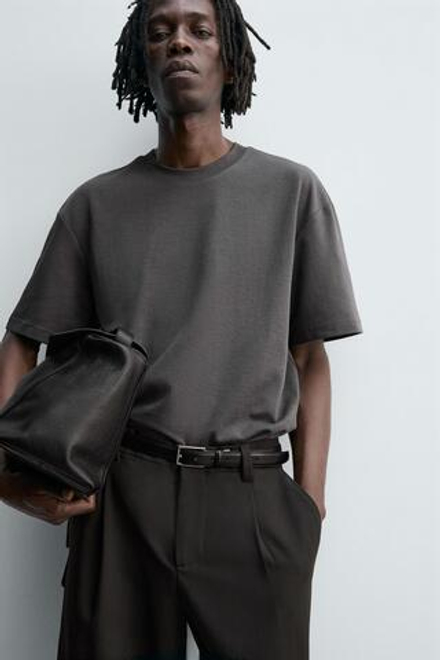 ZARA ФУТБОЛКА RELAXED FIT INTERLOCK, АНТРАЦИТОВЫЙ