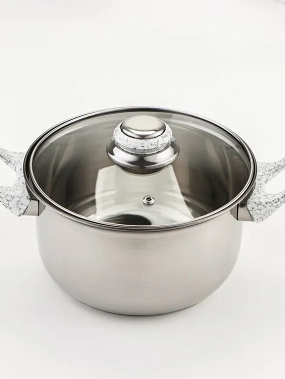 Набор Доляна «Марбл», 8 предметов: ковш 1,5 л, 2 кастрюли 2/3 л, сковорода d=24 см, 4 крышки, стенки 0,3 мм, дно 5 мм