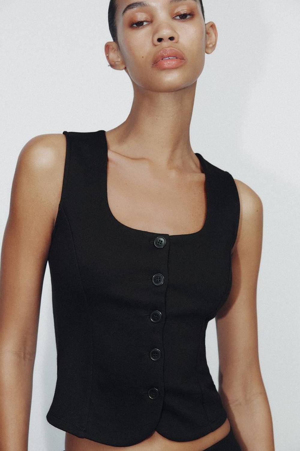 ZARA ТОП ИЗ ИНТЕРЛОКА БЕЗ РУКАВОВ, ЧЕРНЫЙ