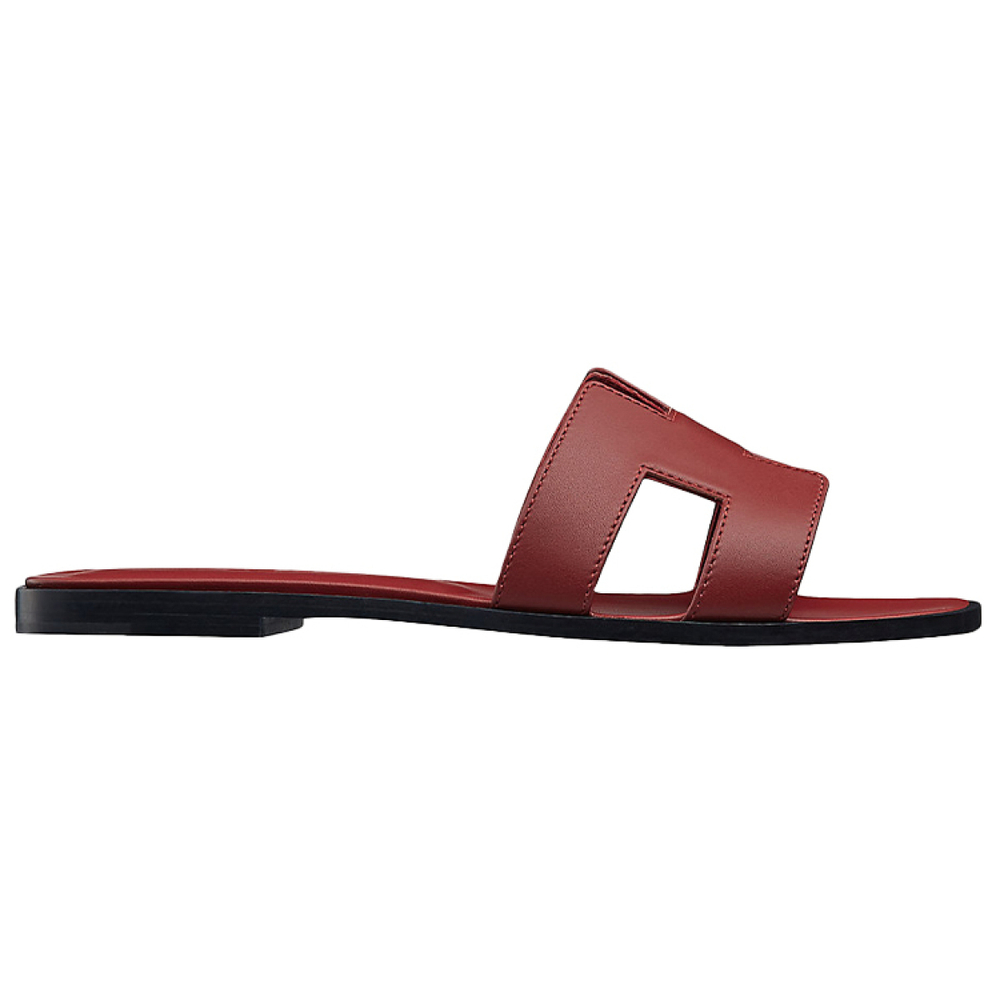 Hermes Oran calfskin comfortable all-match one-word slippers women's wine red, H202230Z D4
