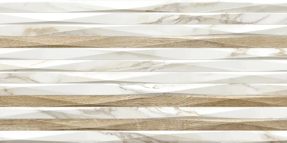 Настенная плитка Alma Ceramica TWU2550EPH14 Euphoria 24.9x50 белая / бежевая глянцевая / рельефная под мрамор / под дерево / полосы