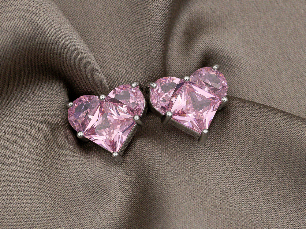 Серьги "Сердце" 11мм, с розовыми кристаллами