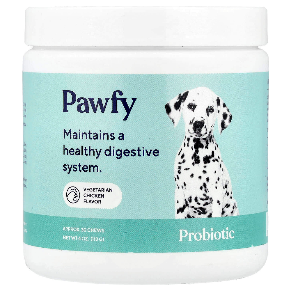 Pawfy, Пробиотик, для собак, от 6 месяцев, вегетарианская курица, 30 жевательных таблеток, 113 г (4 унции)