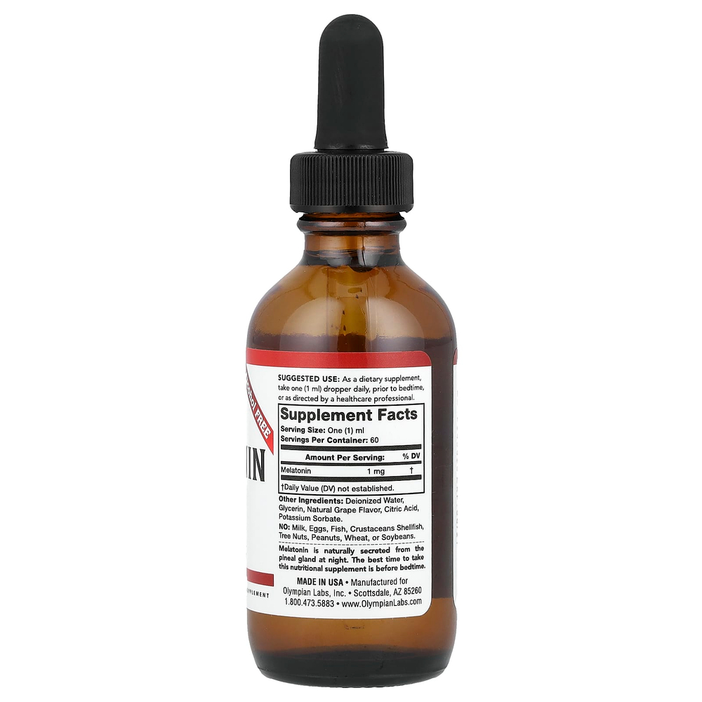 Olympian Labs, мелатонин, без спирта, виноград,1 мг, 60 мл (2 унции)