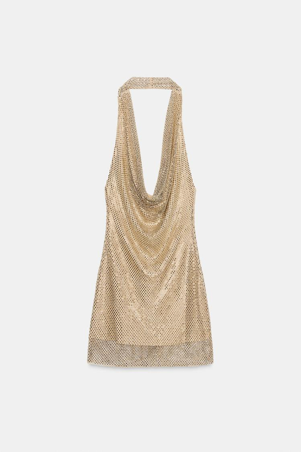 ZARA ПЛАТЬЕ ХАЛТЕР СО СТРАЗАМИ, ЗОЛОТИСТЫЙ