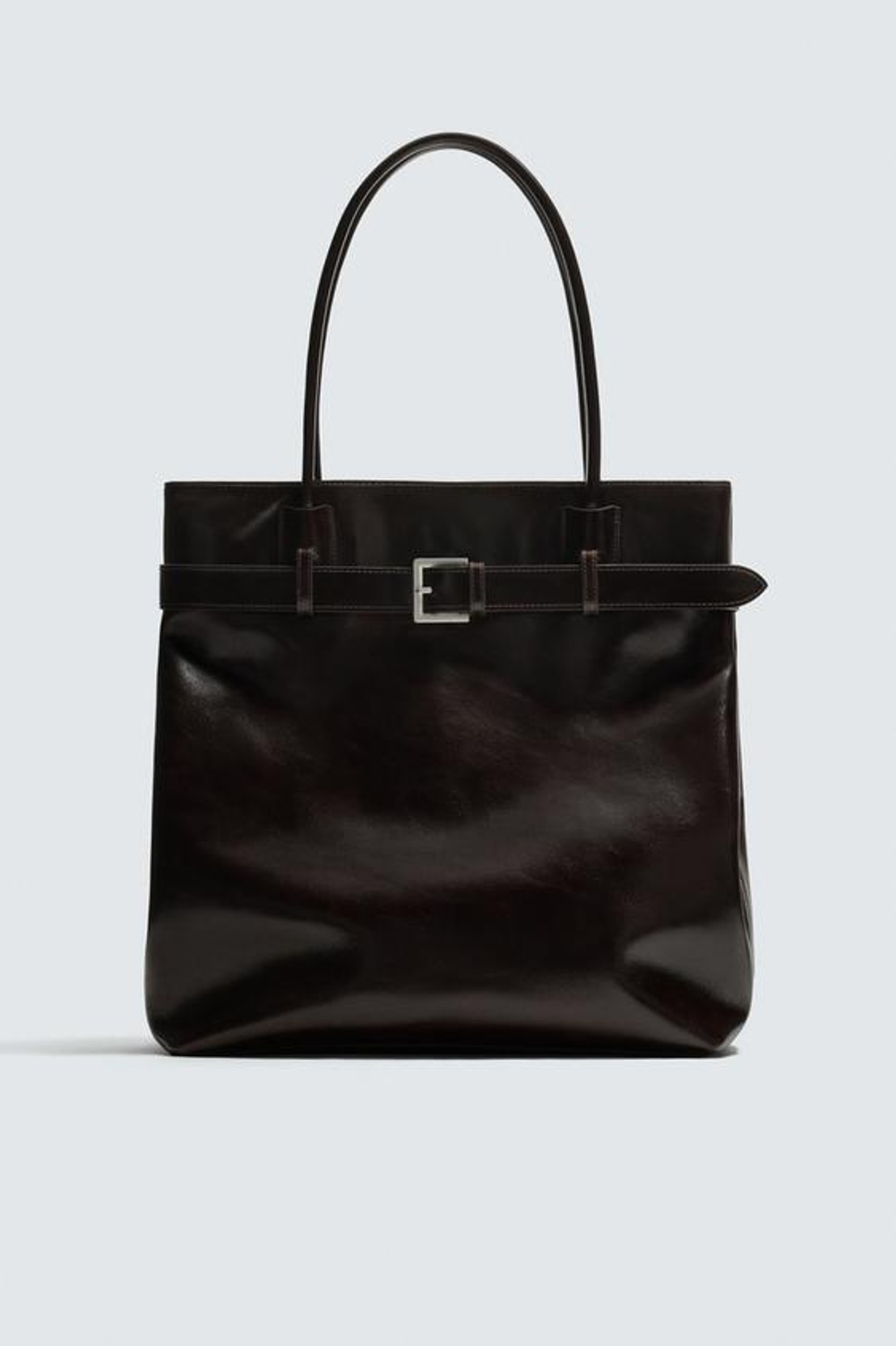 ZARA КОЖАНАЯ СУМКА-ШОПЕР С ДЕТАЛЬЮ В ВИДЕ РЕМНЯ, КОРИЧНЕВЫЙ
