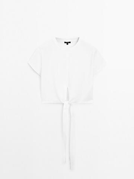 Massimo Dutti Футболка из 100% хлопка с завязками, белый