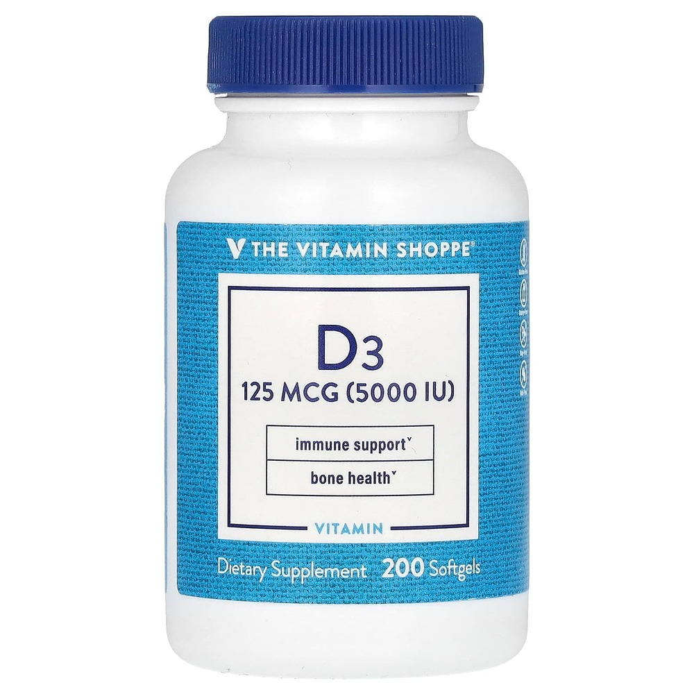 The Vitamin Shoppe, витамин D3, 125 мкг (5000 МЕ), 200 капсул