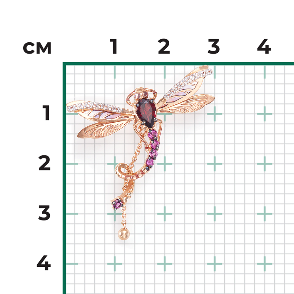 Подвеска «Стрекоза» из красного золота с гранатами, натуральными топазами white и эмалью
