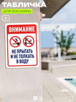 Табличка для бассейна "Внимание, не прыгать и не толкать в воду", на пляж, для общественной и частной зоны отдыха, информационная, 40х30 см, Silver Plane x Айдентика Технолоджи