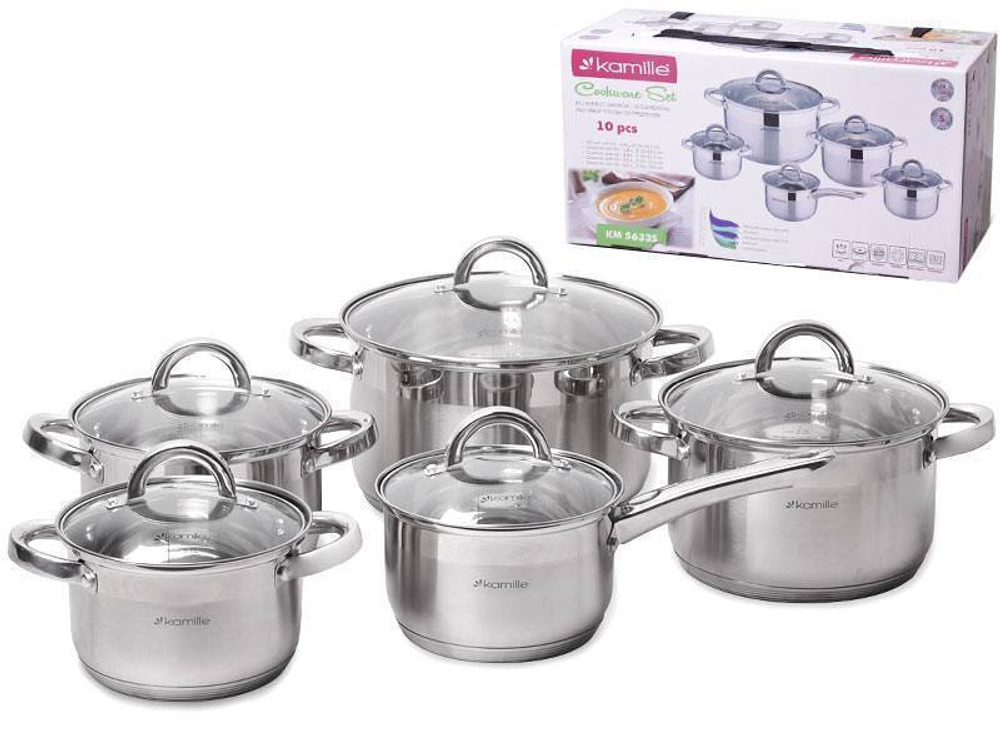 Набор кастрюль 5 предметов (1,8л, 2,5л, 3,8л, 5,8л, ковш 1,8л) нерж, полые ручки, индукция, 5633S