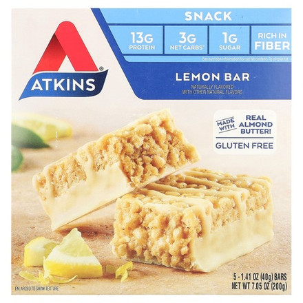 Atkins, Лимонный батончик, 5 батончиков, весом 40 г (1,41 унции) каждый