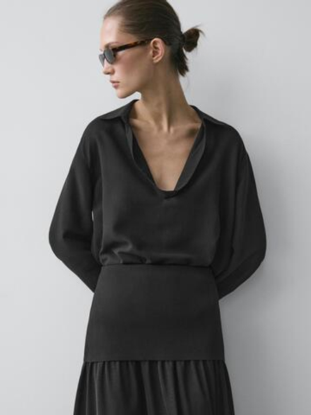 Massimo Dutti Рубашка из струящегося смесового хлопка с V-образным вырезом, коричневый