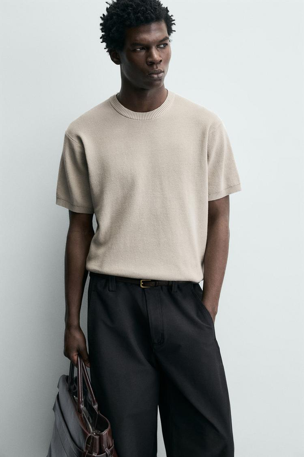 ZARA ФУТБОЛКА ПЛАТОЧНОЙ ВЯЗКИ, ЖЕМЧУЖНО-СЕРЫЙ