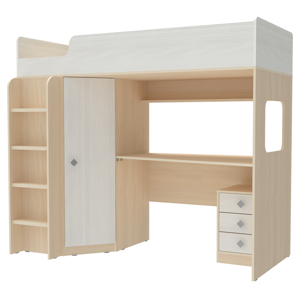 Кровать-чердак КарИВи Л-B605.41 с тумбой 80х190  Дуб Молочный Белое Дерево