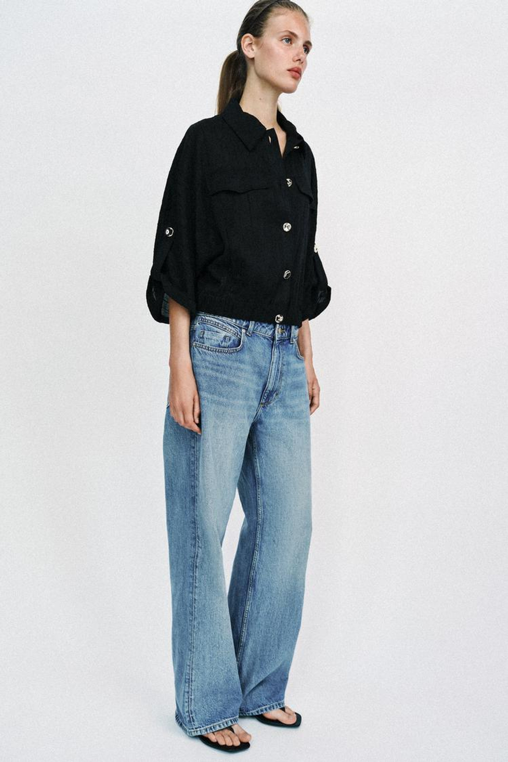 ZARA БЛУЗА-САФАРИ С ПОДВЕРНУТЫМИ РУКАВАМИ, ЧЕРНЫЙ