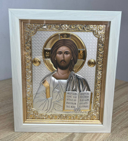 Спаситель, икона прямоугольная в рамке под стеклом, белое дерево 232х280