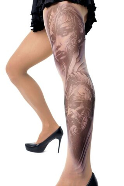 Колготки +size с имитацией крупной татуировки на левой ножке (Размер: XL-XXL-XXXL) (Цвет: бежевый)