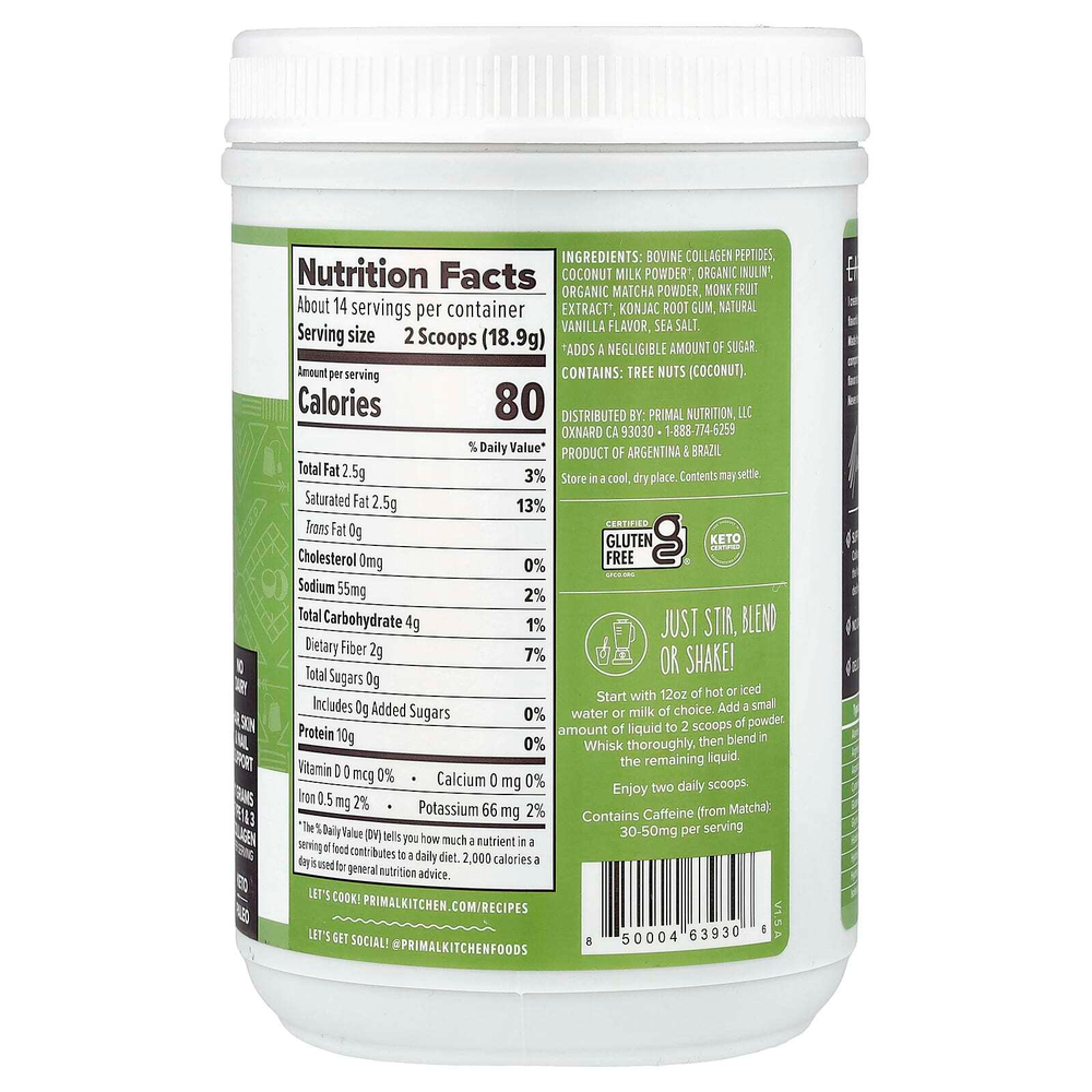 Primal Kitchen, Collagen Keto Latte, кетогенный кофе латте с коллагеном, матча, 264,6 г (9,33 унции)